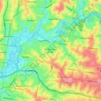 Mappa topografica Templestowe Lower, altitudine, rilievo