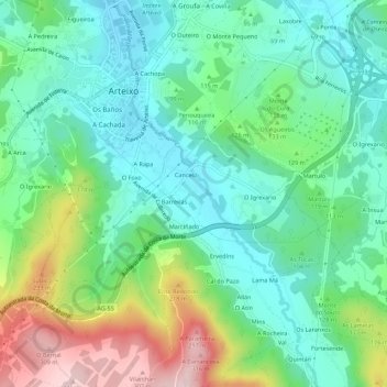 Mappa topografica A Queira, altitudine, rilievo