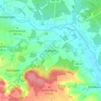 Mappa topografica Haslach, altitudine, rilievo