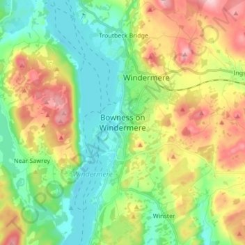 Mappa topografica Bowness on Windermere, altitudine, rilievo