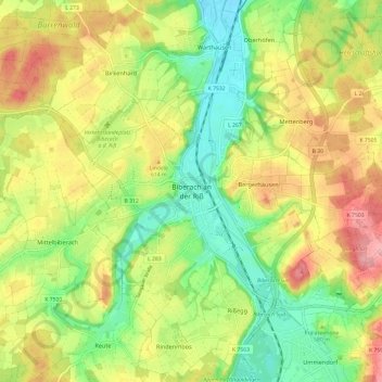 Mappa topografica Biberach an der Riß, altitudine, rilievo
