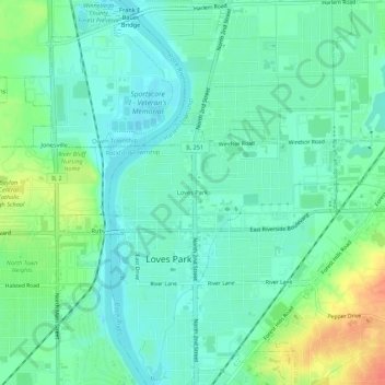 Mappa topografica Loves Park, altitudine, rilievo
