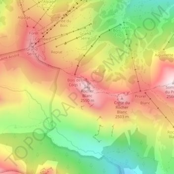Mappa topografica Rocher Blanc, altitudine, rilievo