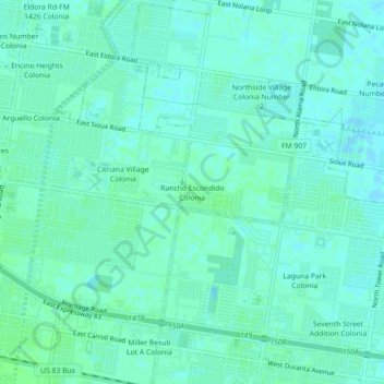 Mappa topografica Rancho Escondido Colonia, altitudine, rilievo