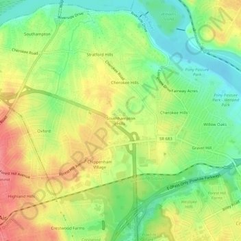 Mappa topografica Southhampton Hills, altitudine, rilievo