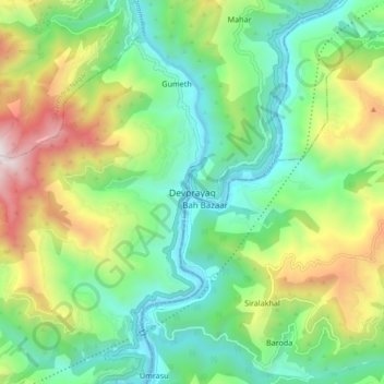 Mappa topografica Devprayag, altitudine, rilievo