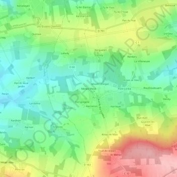 Mappa topografica Menez Meur, altitudine, rilievo