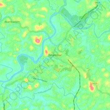 Mappa topografica Nilambur, altitudine, rilievo