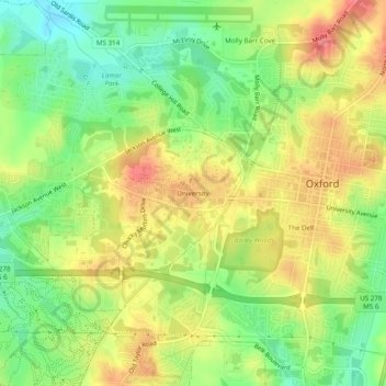 Mappa topografica University, altitudine, rilievo
