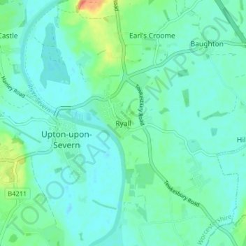 Mappa topografica Ryall, altitudine, rilievo