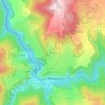 Mappa topografica Pratclaux, altitudine, rilievo