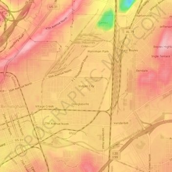 Mappa topografica Vulcan City, altitudine, rilievo