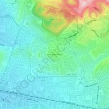 Mappa topografica Woodside Village, altitudine, rilievo