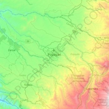 Mappa topografica Popayán, altitudine, rilievo