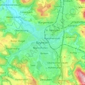 Mappa topografica Bayreuth, altitudine, rilievo