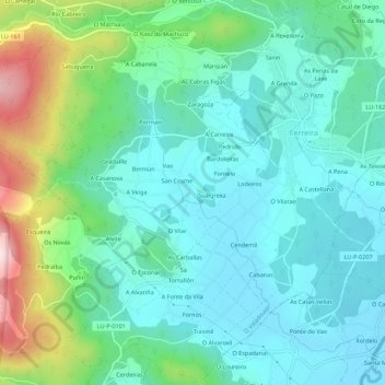 Mappa topografica Pazos, altitudine, rilievo