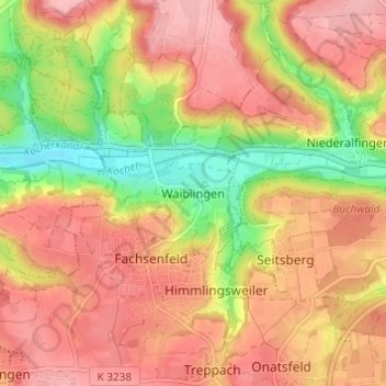 Mappa topografica Waiblingen, altitudine, rilievo