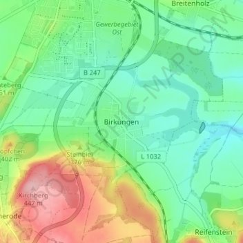 Mappa topografica Birkungen, altitudine, rilievo