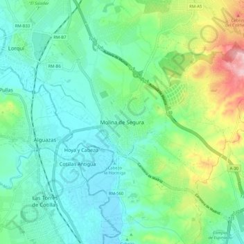 Mappa topografica Molina de Segura, altitudine, rilievo
