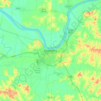 Mappa topografica Owensboro, altitudine, rilievo