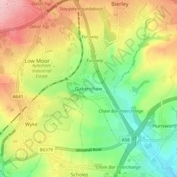 Mappa topografica Oakenshaw, altitudine, rilievo