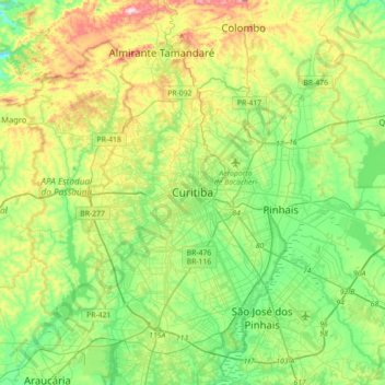 Mappa topografica Curitiba, altitudine, rilievo