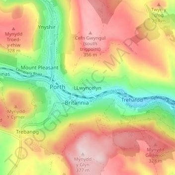 Mappa topografica LLwyncelyn, altitudine, rilievo