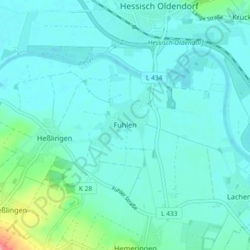 Mappa topografica Fuhlen, altitudine, rilievo