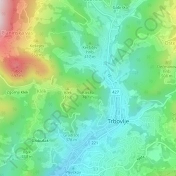 Mappa topografica Klečka, altitudine, rilievo