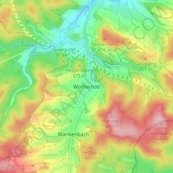 Mappa topografica Wölfterode, altitudine, rilievo