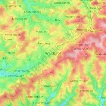 Mappa topografica Waldbröl, altitudine, rilievo