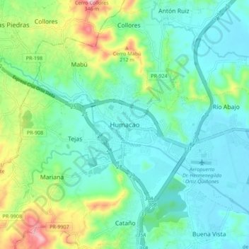 Mappa topografica Humacao, altitudine, rilievo
