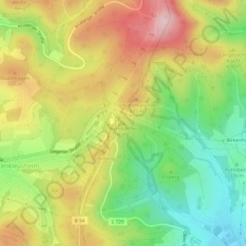 Mappa topografica Krombacher Höhe, altitudine, rilievo