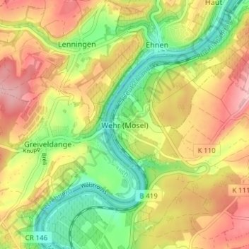 Mappa topografica Wehr (Mosel), altitudine, rilievo