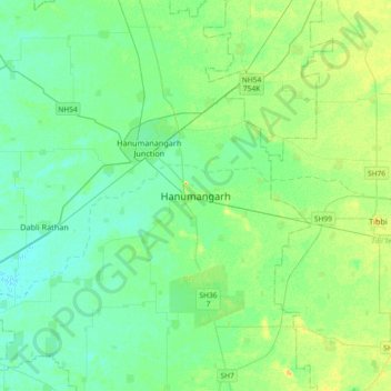 Mappa topografica Hanumangarh, altitudine, rilievo