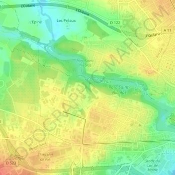 Mappa topografica combe de la Lande, altitudine, rilievo