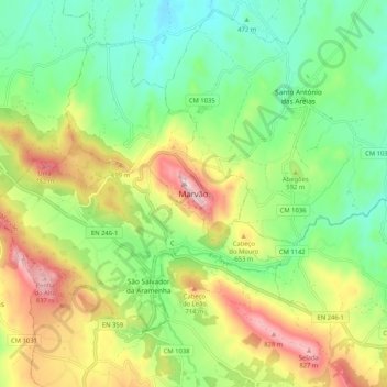 Mappa topografica Marvão, altitudine, rilievo