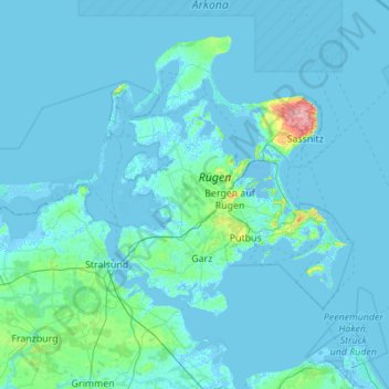 Mappa topografica Rügen, altitudine, rilievo