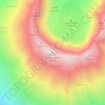 Mappa topografica Mount St. Helens, altitudine, rilievo