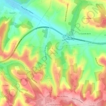Mappa topografica Monsac, altitudine, rilievo