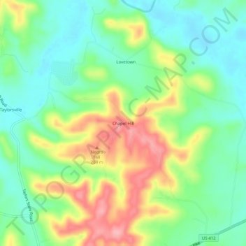 Mappa topografica Chapel Hill, altitudine, rilievo