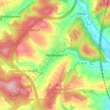Mappa topografica Hattenbach, altitudine, rilievo