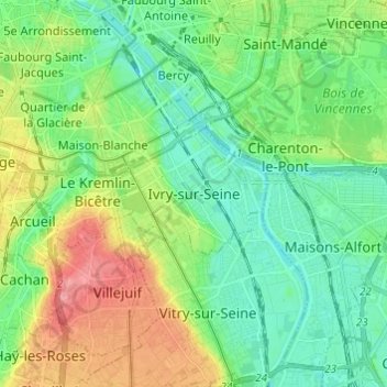 Mappa topografica Ivry-sur-Seine, altitudine, rilievo