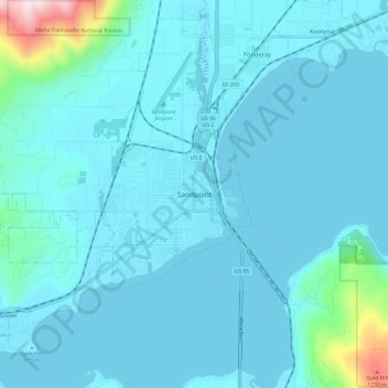 Mappa topografica Sandpoint, altitudine, rilievo