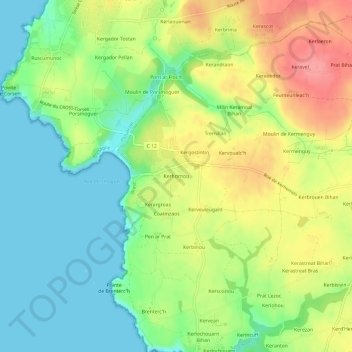 Mappa topografica Kerhornou, altitudine, rilievo