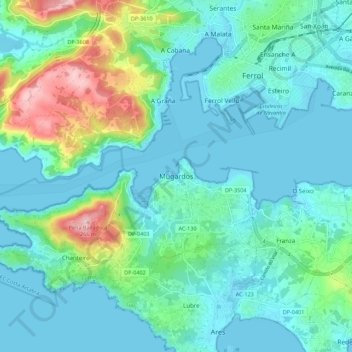Mappa topografica Mugardos, altitudine, rilievo