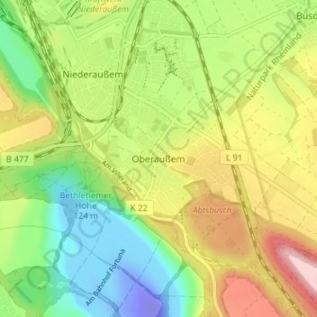 Mappa topografica Oberaußem, altitudine, rilievo