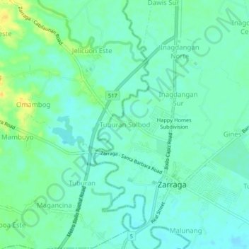 Mappa topografica Tuburan Sulbod, altitudine, rilievo