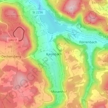 Mappa topografica Kainsbach, altitudine, rilievo