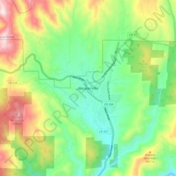Mappa topografica Weaverville, altitudine, rilievo